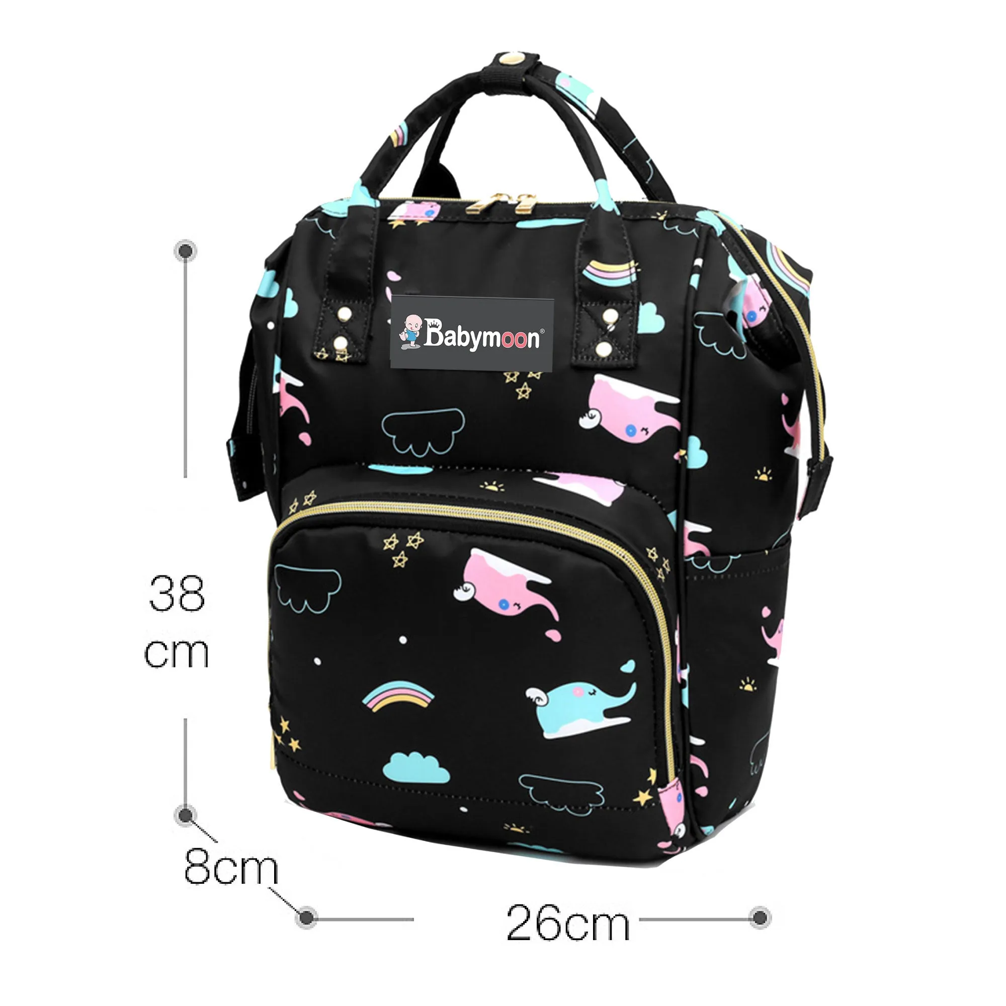 Babymoon Mother Diaper Bag Lightweight Multifunctional Travel Unisex Diaper Backpack - Black Elephant