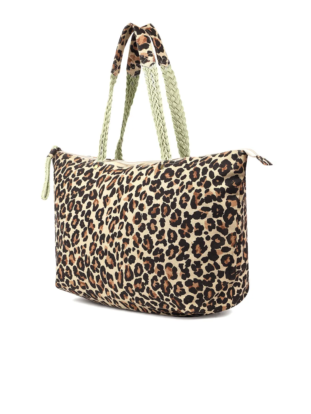 Berrylush Women Brown Leopard Printed Canvas Zipper-Up Oversized Tote Bag
