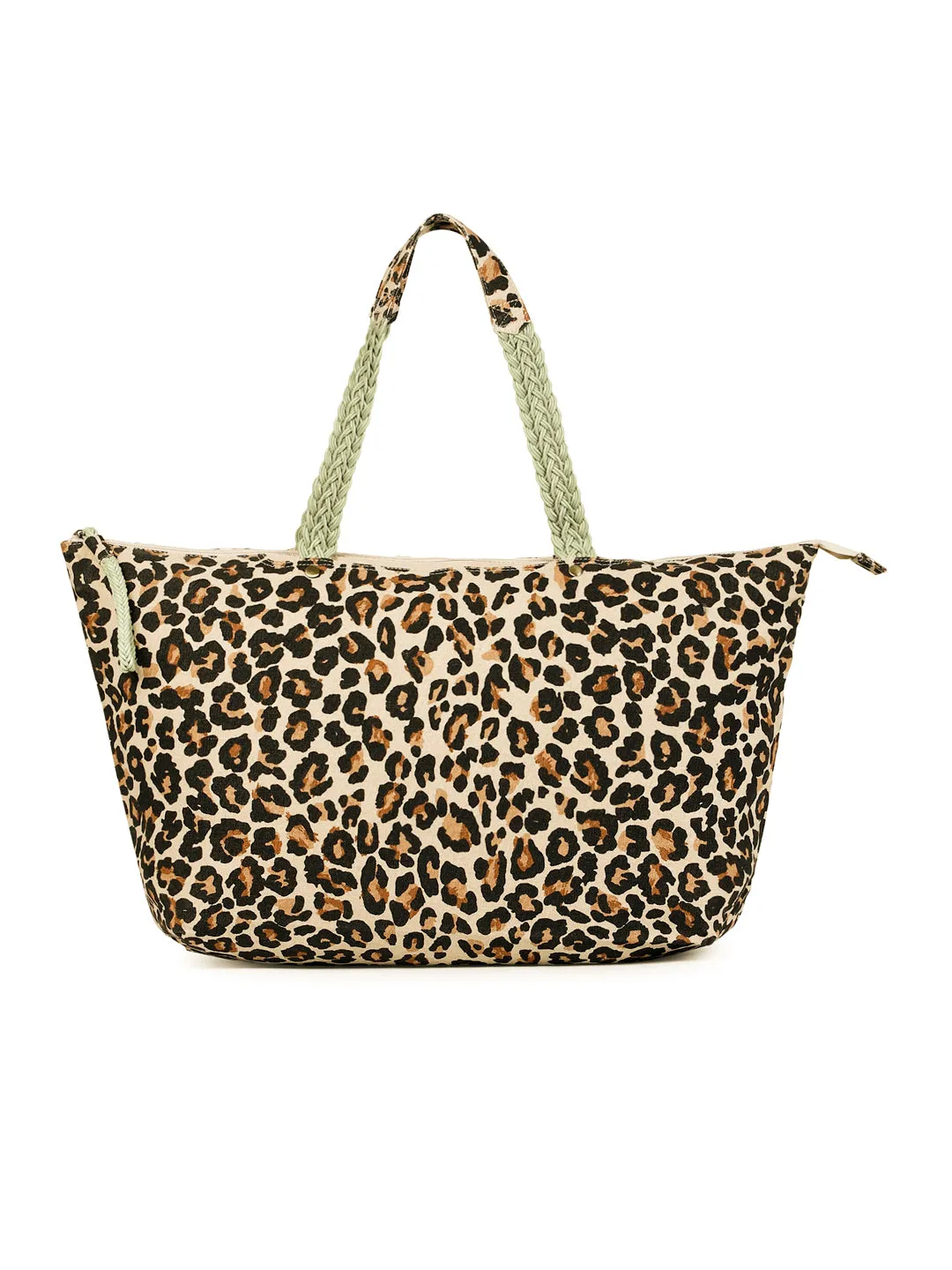 Berrylush Women Brown Leopard Printed Canvas Zipper-Up Oversized Tote Bag