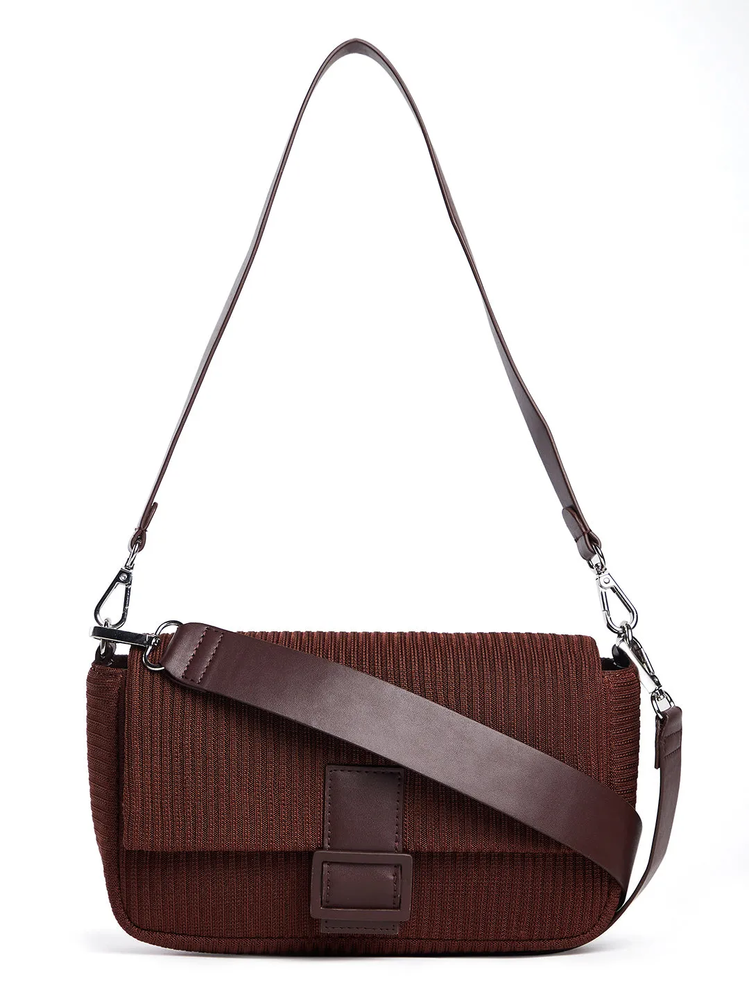 Berrylush Women Brown Textured Pattern Synthetic Leather Detachable Sling Strap Regular Shoulder Bag
