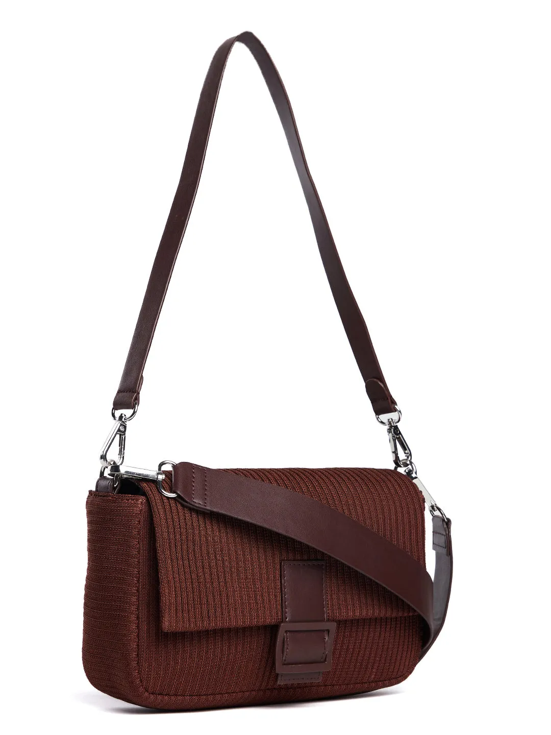 Berrylush Women Brown Textured Pattern Synthetic Leather Detachable Sling Strap Regular Shoulder Bag