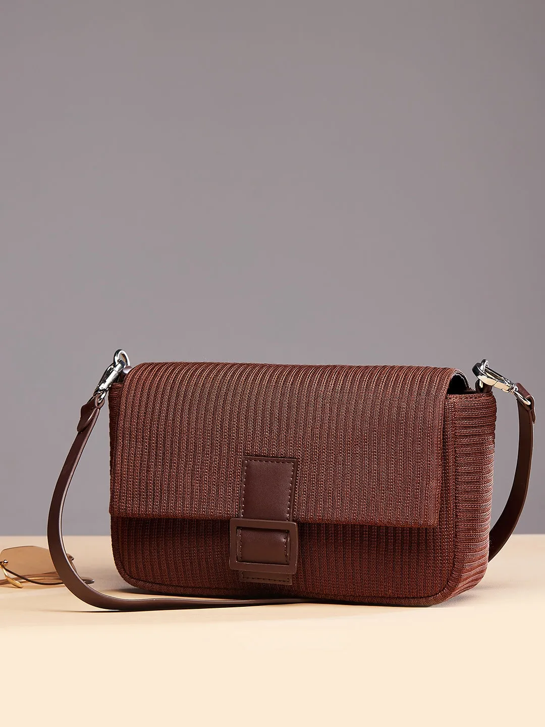 Berrylush Women Brown Textured Pattern Synthetic Leather Detachable Sling Strap Regular Shoulder Bag