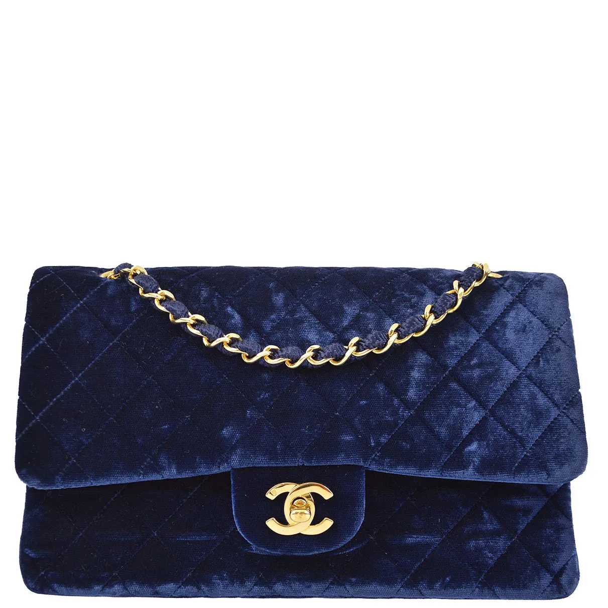 Chanel 1989-1991 Blue Velvet Medium Classic Double Flap Shoulder Bag