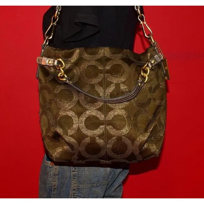Coach Vintage Pursesdesigner Purses Bronze Sateen Logo Print Fabric And Buttery Soft Silver Leather