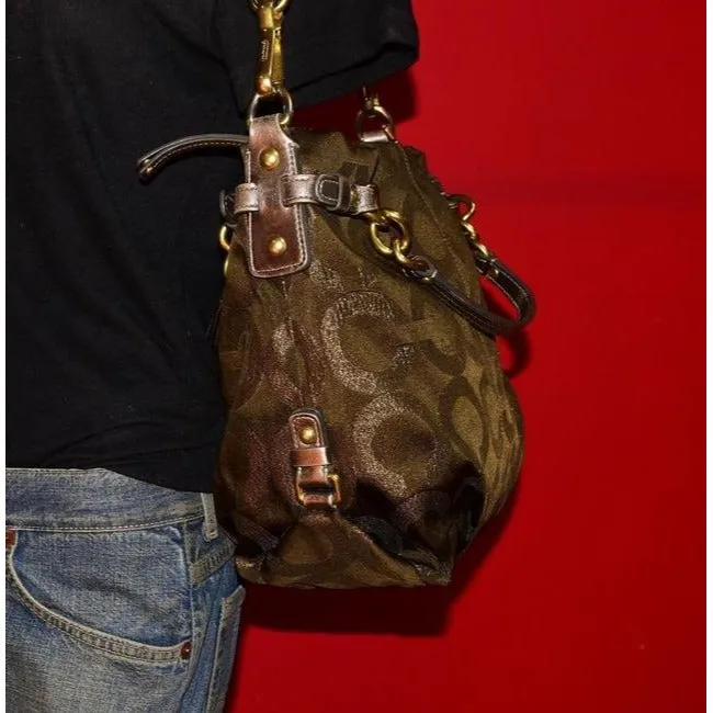 Coach Vintage Pursesdesigner Purses Bronze Sateen Logo Print Fabric And Buttery Soft Silver Leather