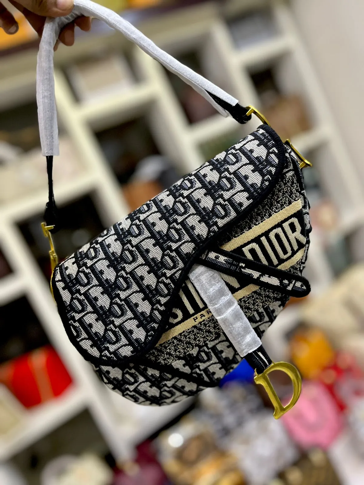 Dior-Inspired Fabric Saddle Women Bag with Brand Accessories (Black)