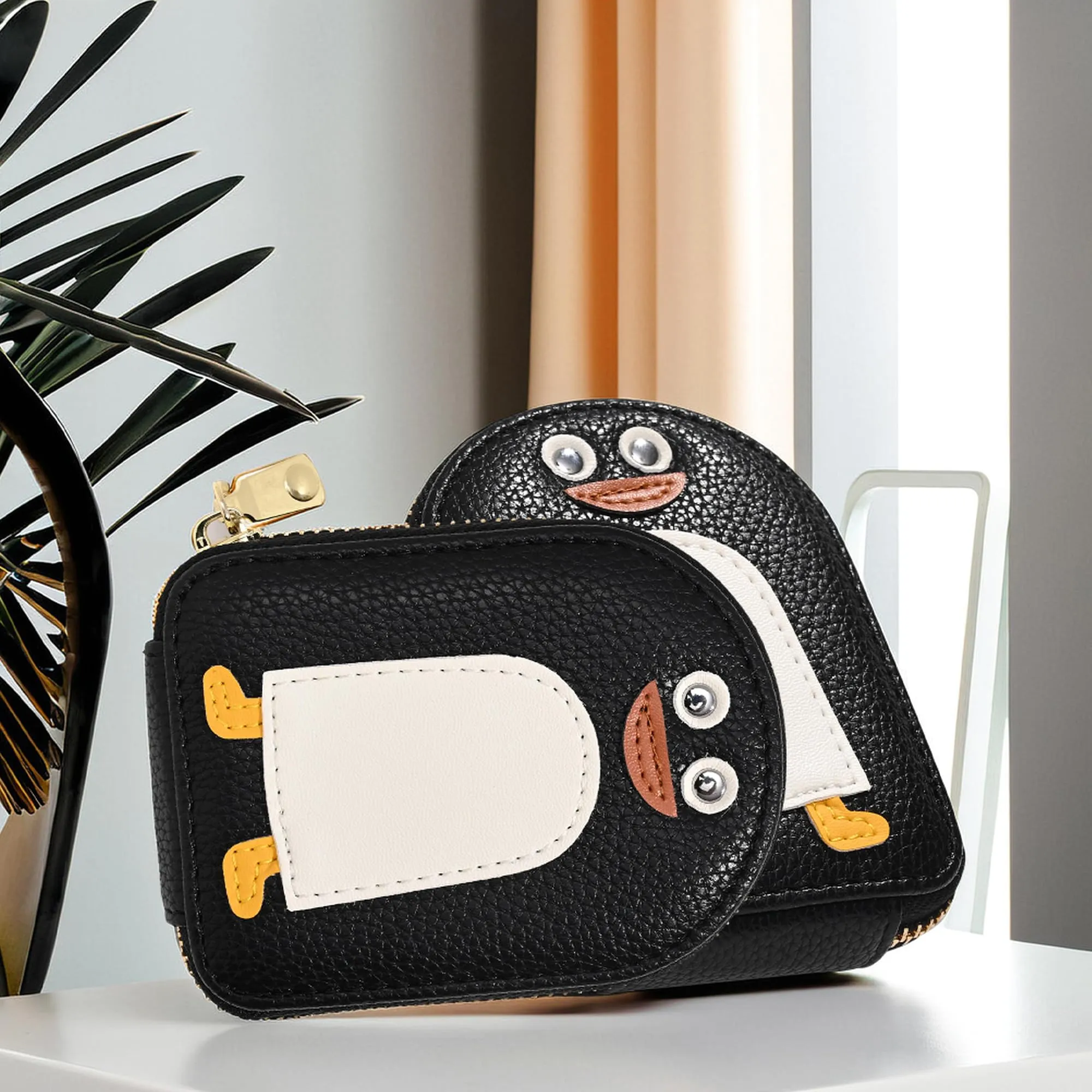 Kuber Industries Penguins PU Credit Card Case Holder Purse, Coin Pocket Wallet for Women with Zip | Portable Cute Mini Wallet for Girls | Hand Wallet for College Girls | KS-3, Black