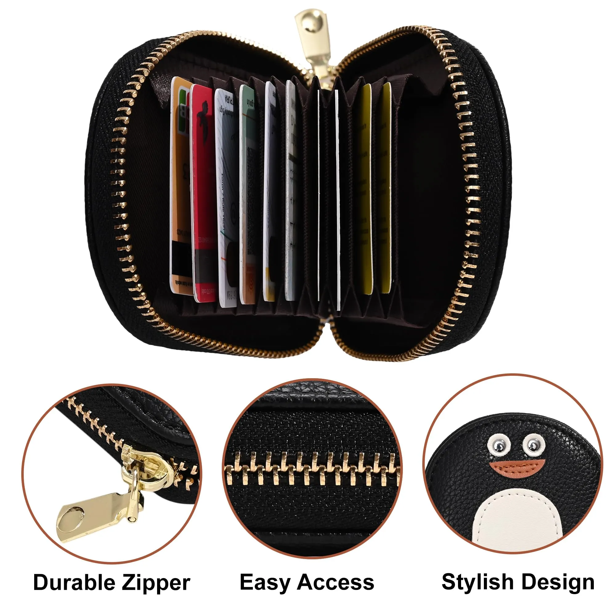 Kuber Industries Penguins PU Credit Card Case Holder Purse, Coin Pocket Wallet for Women with Zip | Portable Cute Mini Wallet for Girls | Hand Wallet for College Girls | KS-3, Black