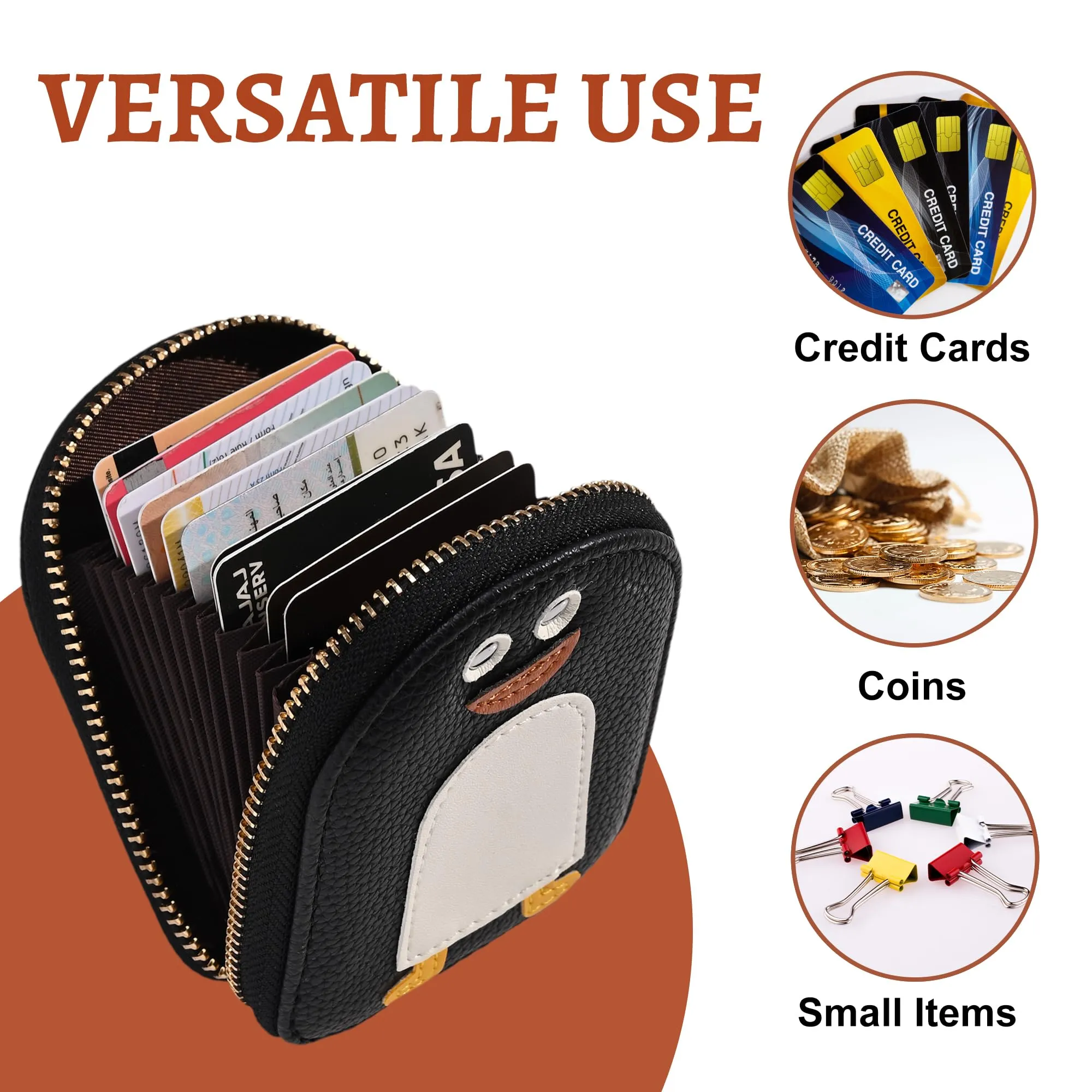 Kuber Industries Penguins PU Credit Card Case Holder Purse, Coin Pocket Wallet for Women with Zip | Portable Cute Mini Wallet for Girls | Hand Wallet for College Girls | KS-3, Black