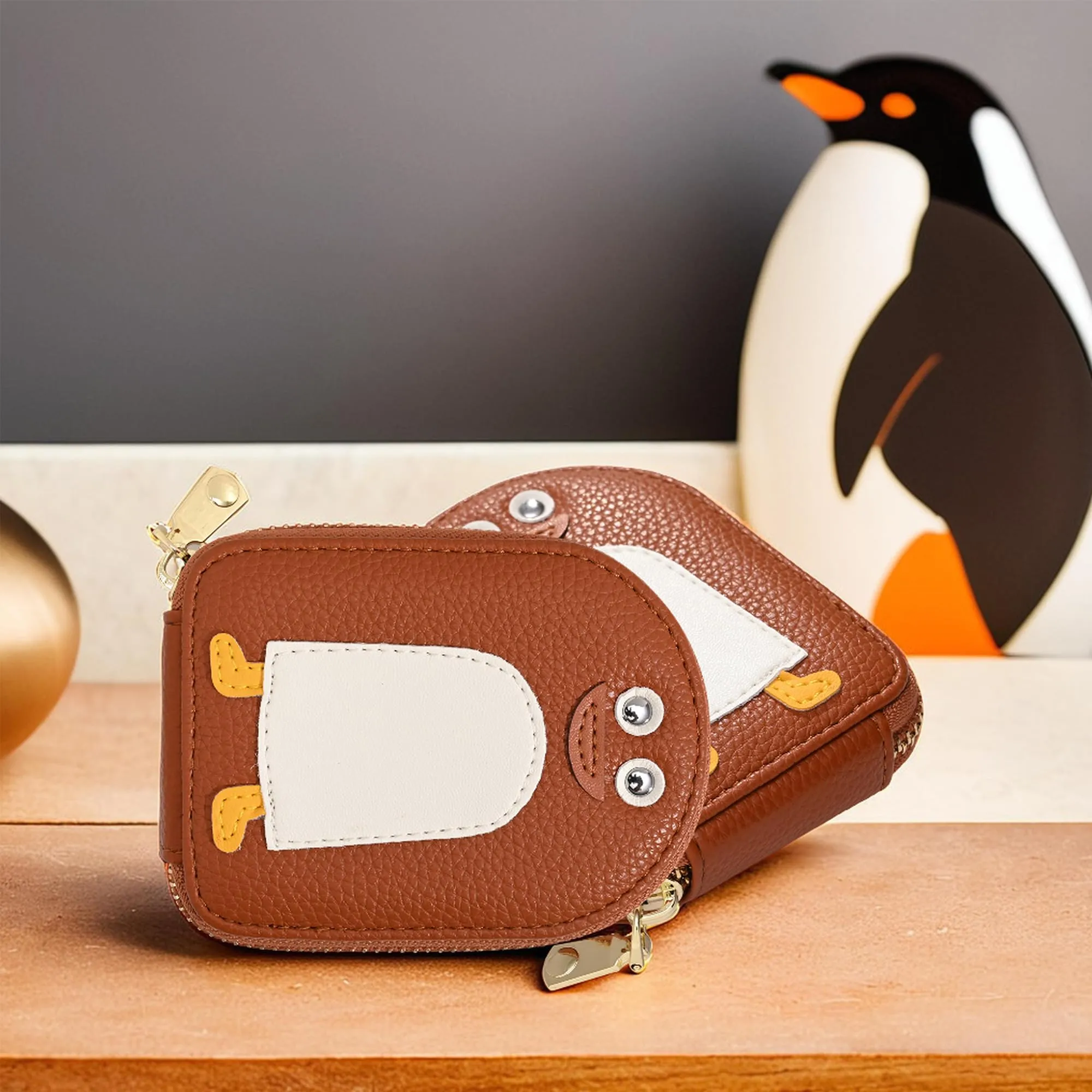 Kuber Industries Penguins PU Credit Card Case Holder Purse, Coin Pocket Wallet for Women with Zip | Portable Cute Mini Wallet for Girls | Hand Wallet for College Girls | KS-3, Tan