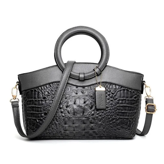 LuxeCroco Circular Handle Leather Shoulder Bag