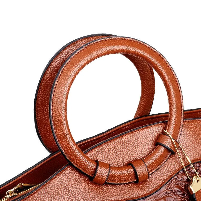 LuxeCroco Circular Handle Leather Shoulder Bag