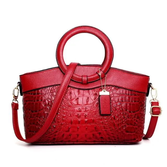 LuxeCroco Circular Handle Leather Shoulder Bag