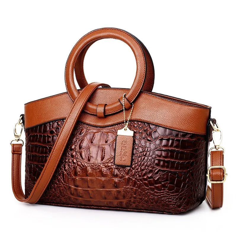 LuxeCroco Circular Handle Leather Shoulder Bag