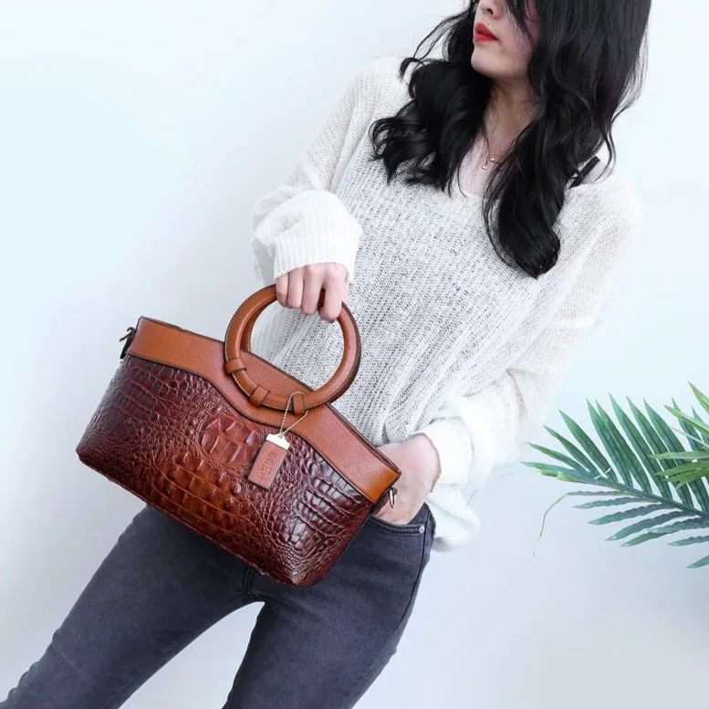LuxeCroco Circular Handle Leather Shoulder Bag