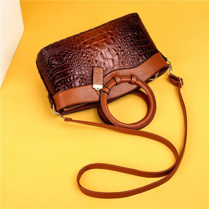 LuxeCroco Circular Handle Leather Shoulder Bag