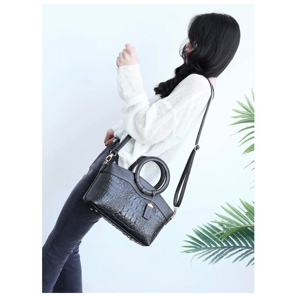 LuxeCroco Circular Handle Leather Shoulder Bag