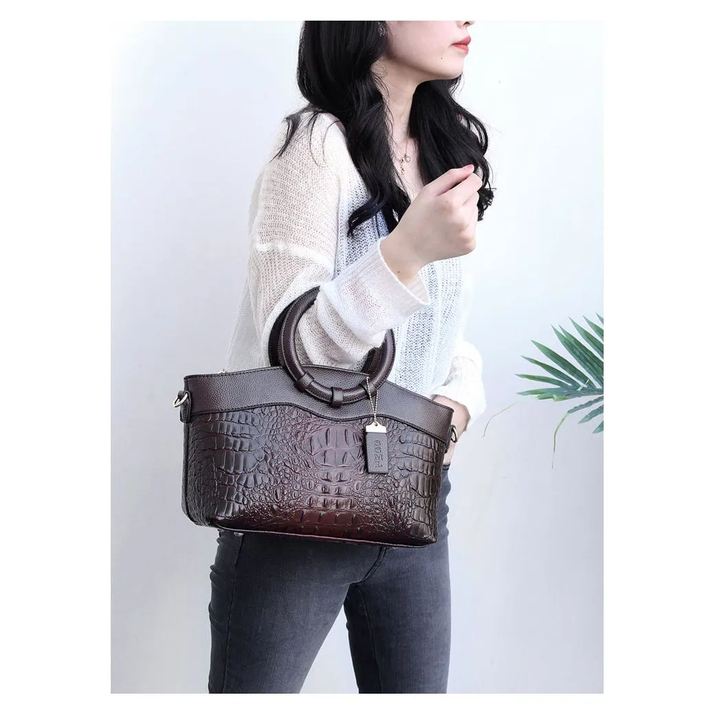 LuxeCroco Circular Handle Leather Shoulder Bag