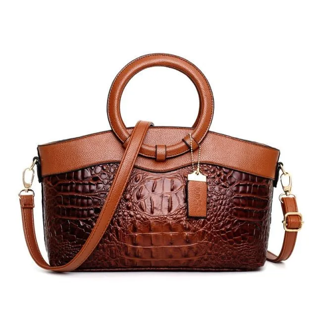 LuxeCroco Circular Handle Leather Shoulder Bag
