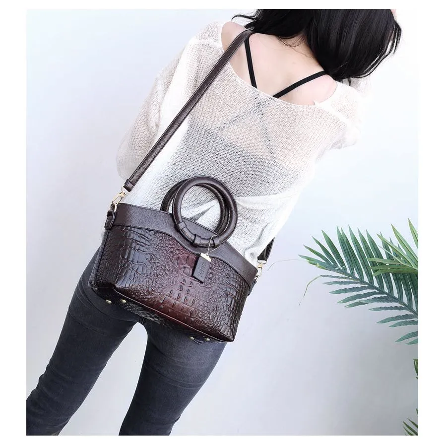 LuxeCroco Circular Handle Leather Shoulder Bag