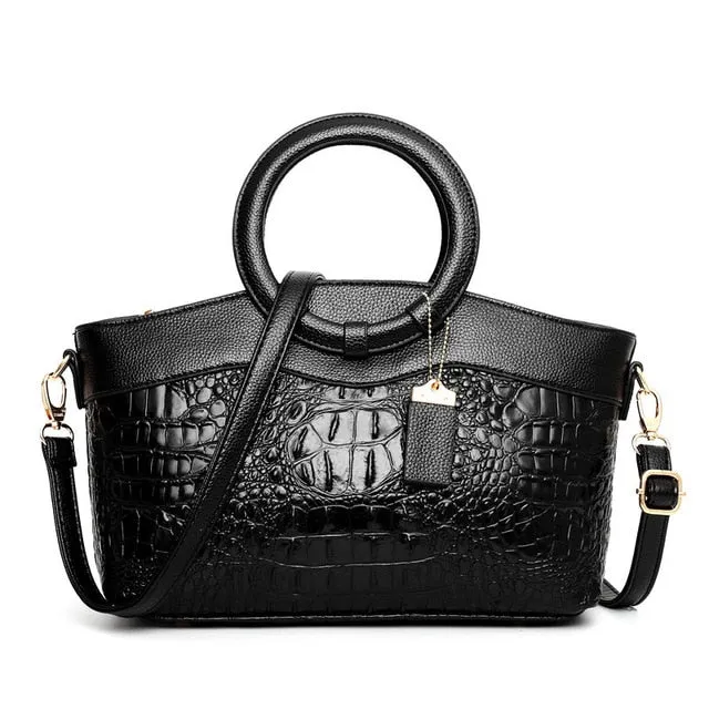 LuxeCroco Circular Handle Leather Shoulder Bag