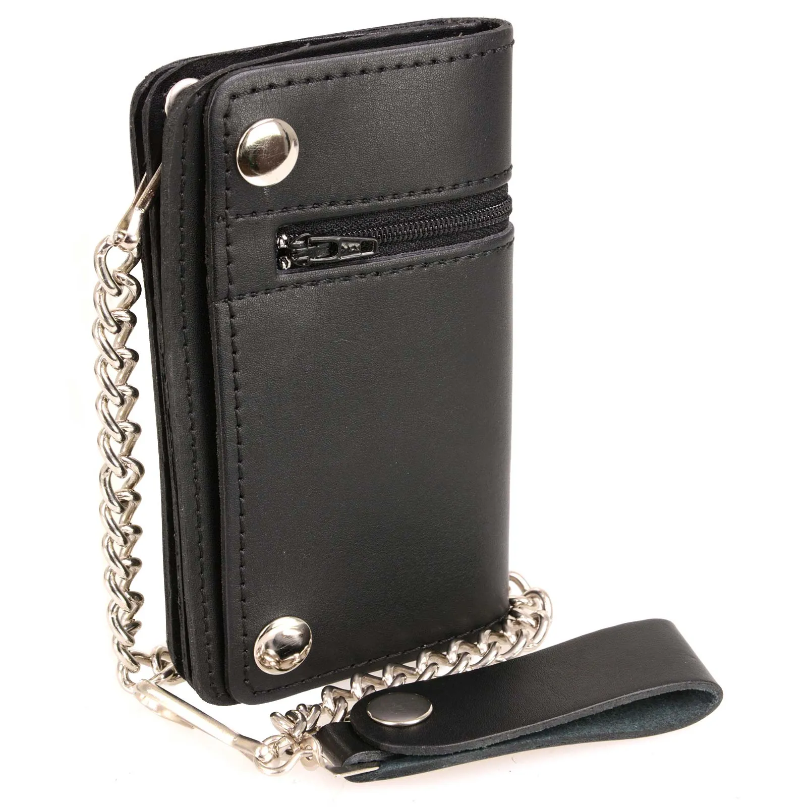 Milwaukee Leather MLW7882 Men's 6 Black Leather Biker Wallet w/ Outer Pocket - Bi-Fold Anti-Theft Stainless Steel Chain