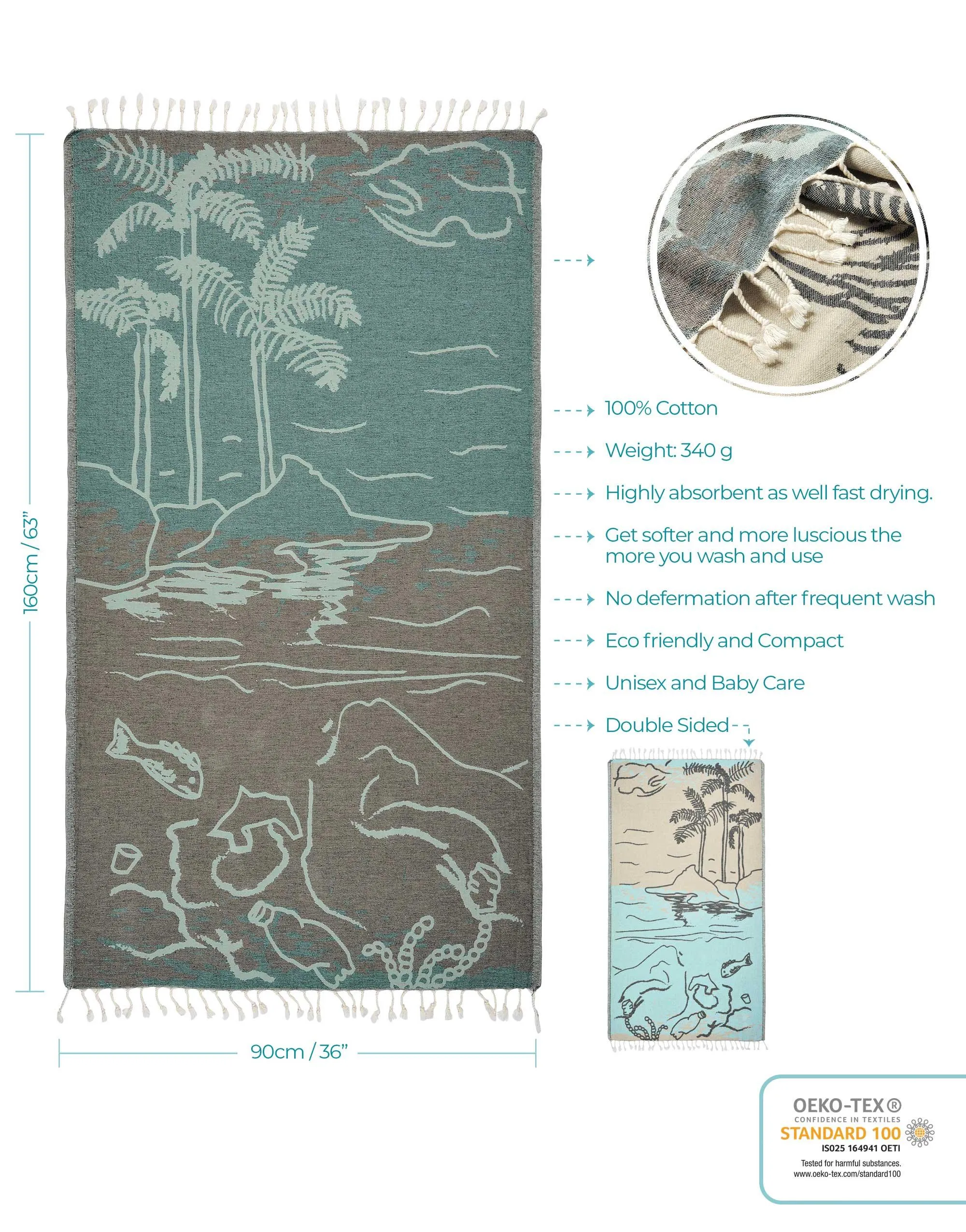 Set of 4 Turkish Beach Towels Nautical Series Pestemal 36"x63" , Island
