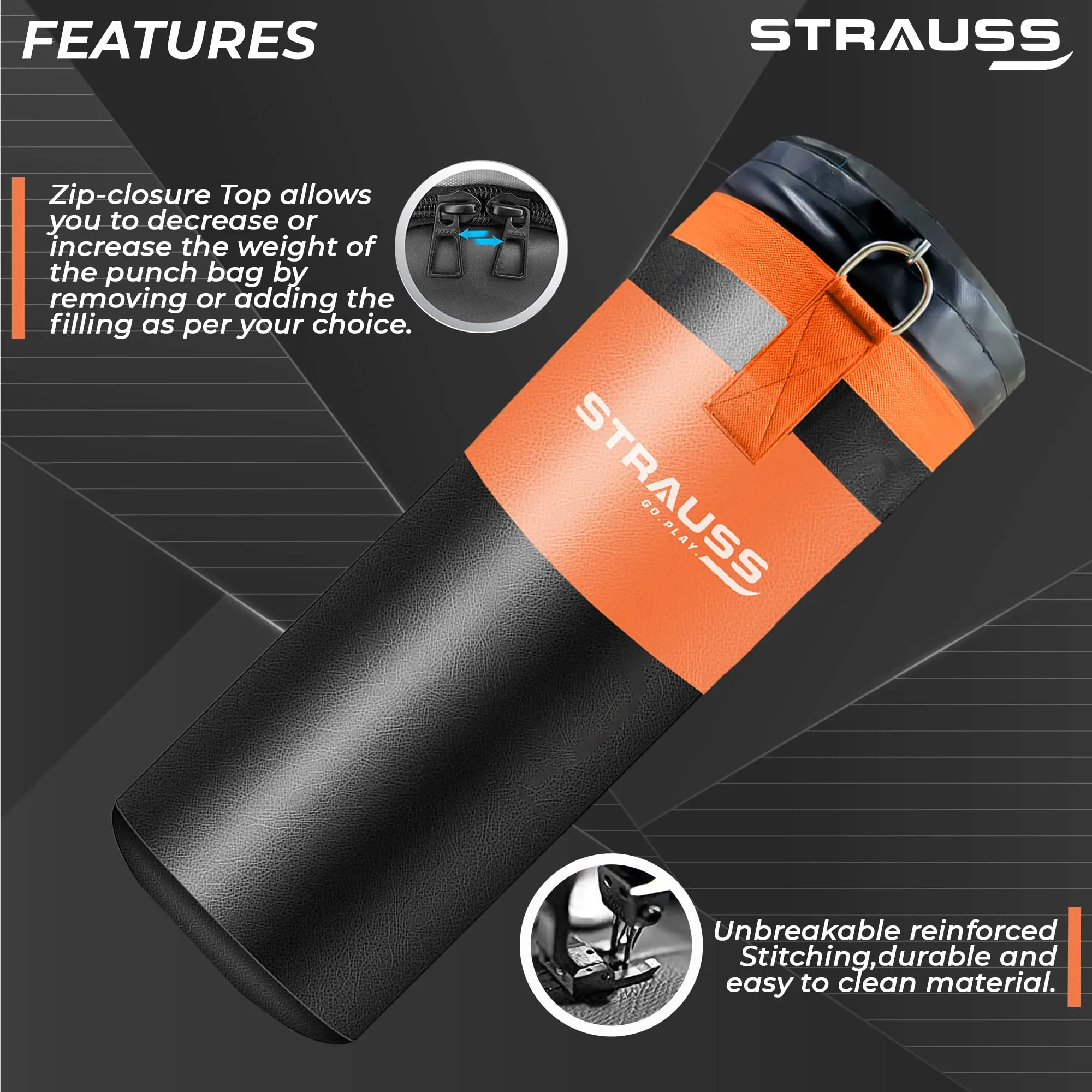 Strauss Canvas Heavy Duty Filled Gym Punching Bag|Hanging S Hook, Zippered Top Head Closure,Heavy Straps|Ideal for Boxing, MMA,Muay Thai|Boxing Bag for Home Gym & Fitness Training|3Feet,(Black/Orange)