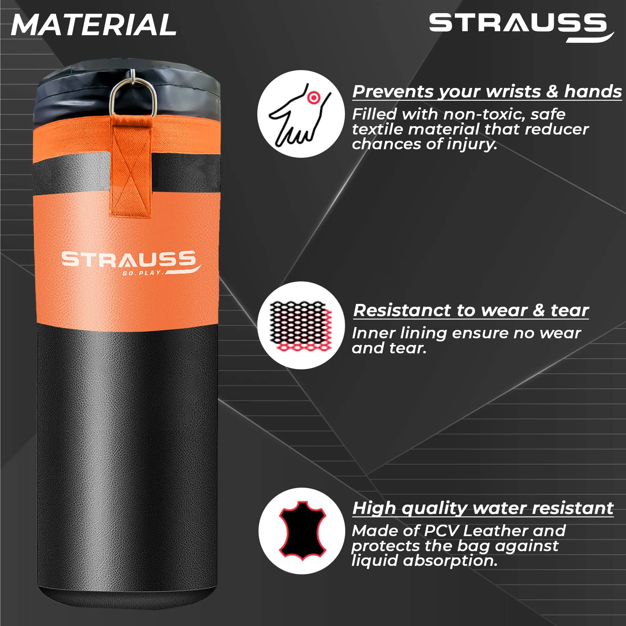 Strauss Canvas Heavy Duty Filled Gym Punching Bag|Hanging S Hook, Zippered Top Head Closure,Heavy Straps|Ideal for Boxing, MMA,Muay Thai|Boxing Bag for Home Gym & Fitness Training|3Feet,(Black/Orange)