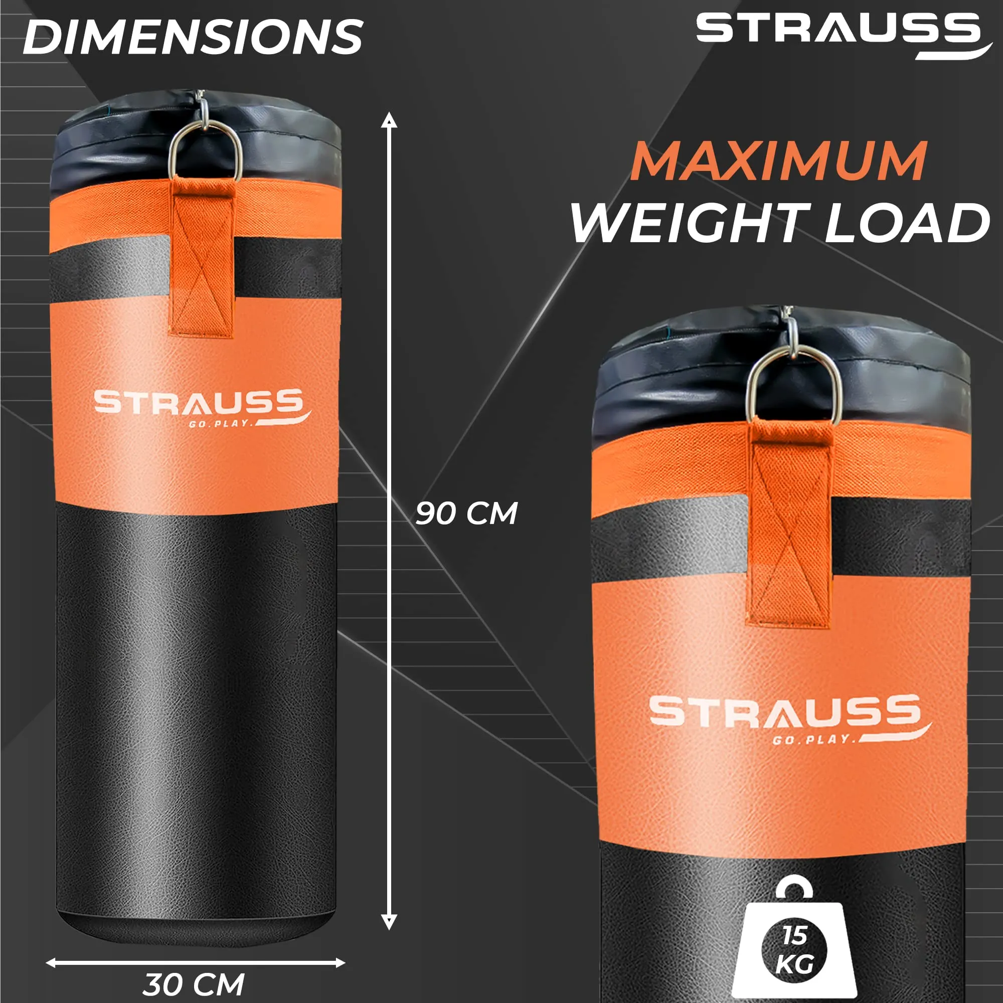 Strauss Canvas Heavy Duty Filled Gym Punching Bag|Hanging S Hook, Zippered Top Head Closure,Heavy Straps|Ideal for Boxing, MMA,Muay Thai|Boxing Bag for Home Gym & Fitness Training|3Feet,(Black/Orange)