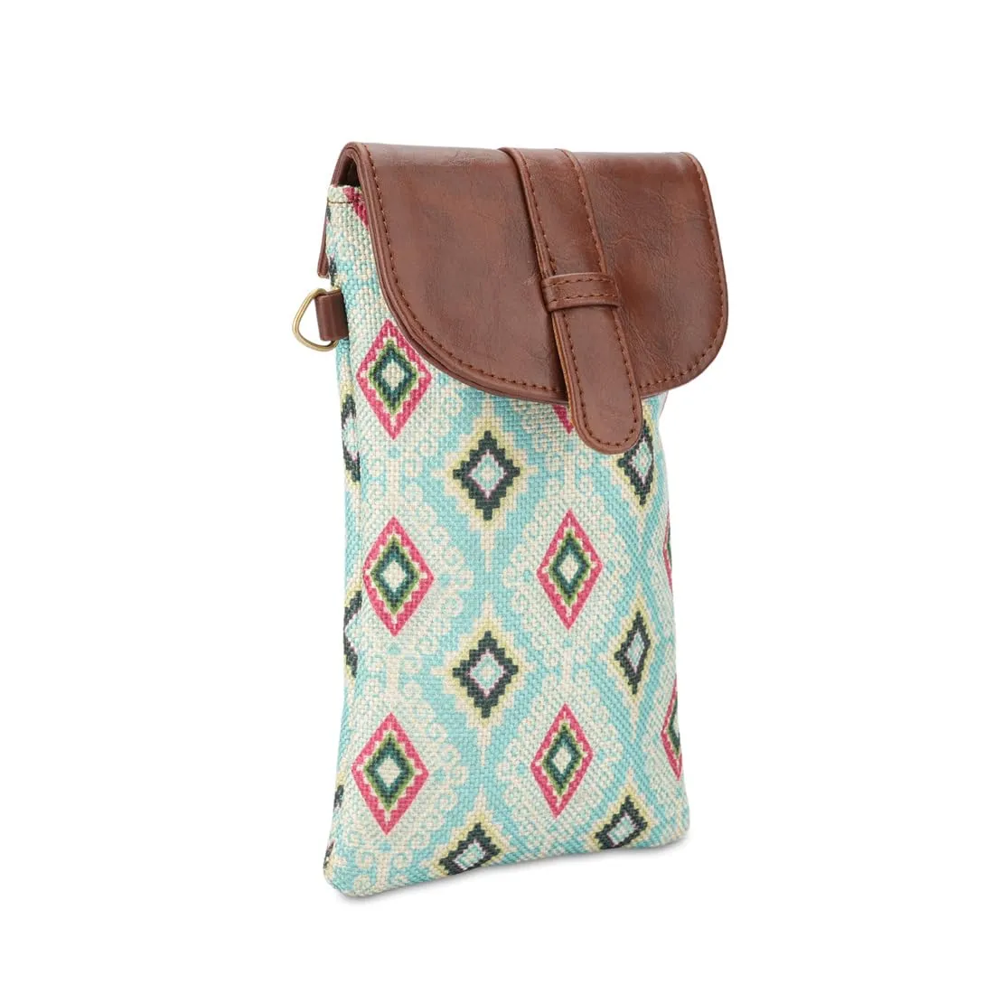 THE CLOWNFISH Flexiflare Series Mobile Sling for Women Printed Handicraft Fabric & Faux leather Casual Ladies Mobile Pouch Crossbody Bag for College Girls (Sky Blue-Diamond)