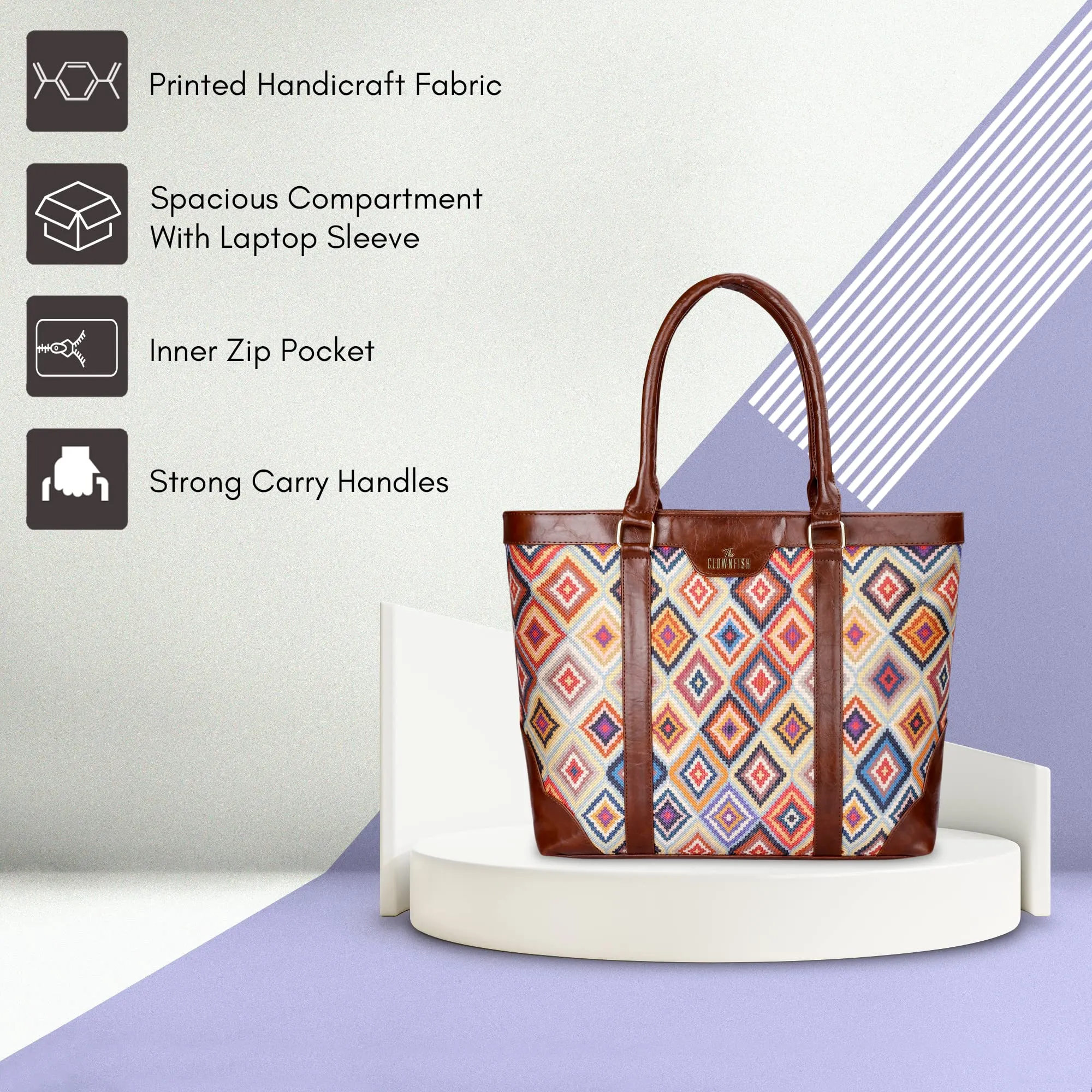 THE CLOWNFISH Miranda Series 15.6 inch Laptop Bag For Women Printed Handicraft Fabric & Faux Leather Office Bag Briefcase Hand Messenger bag Tote Shoulder Bag (Multicolour-Diamond)