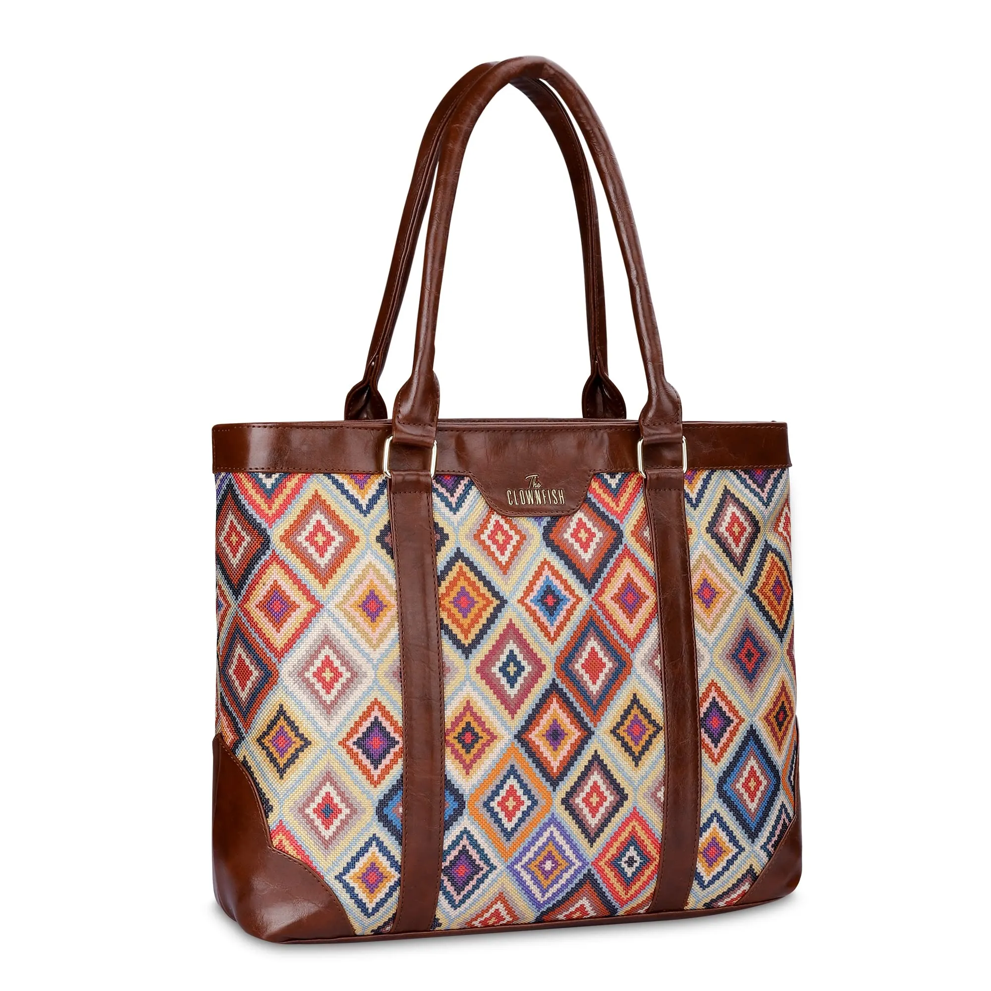 THE CLOWNFISH Miranda Series 15.6 inch Laptop Bag For Women Printed Handicraft Fabric & Faux Leather Office Bag Briefcase Hand Messenger bag Tote Shoulder Bag (Multicolour-Diamond)