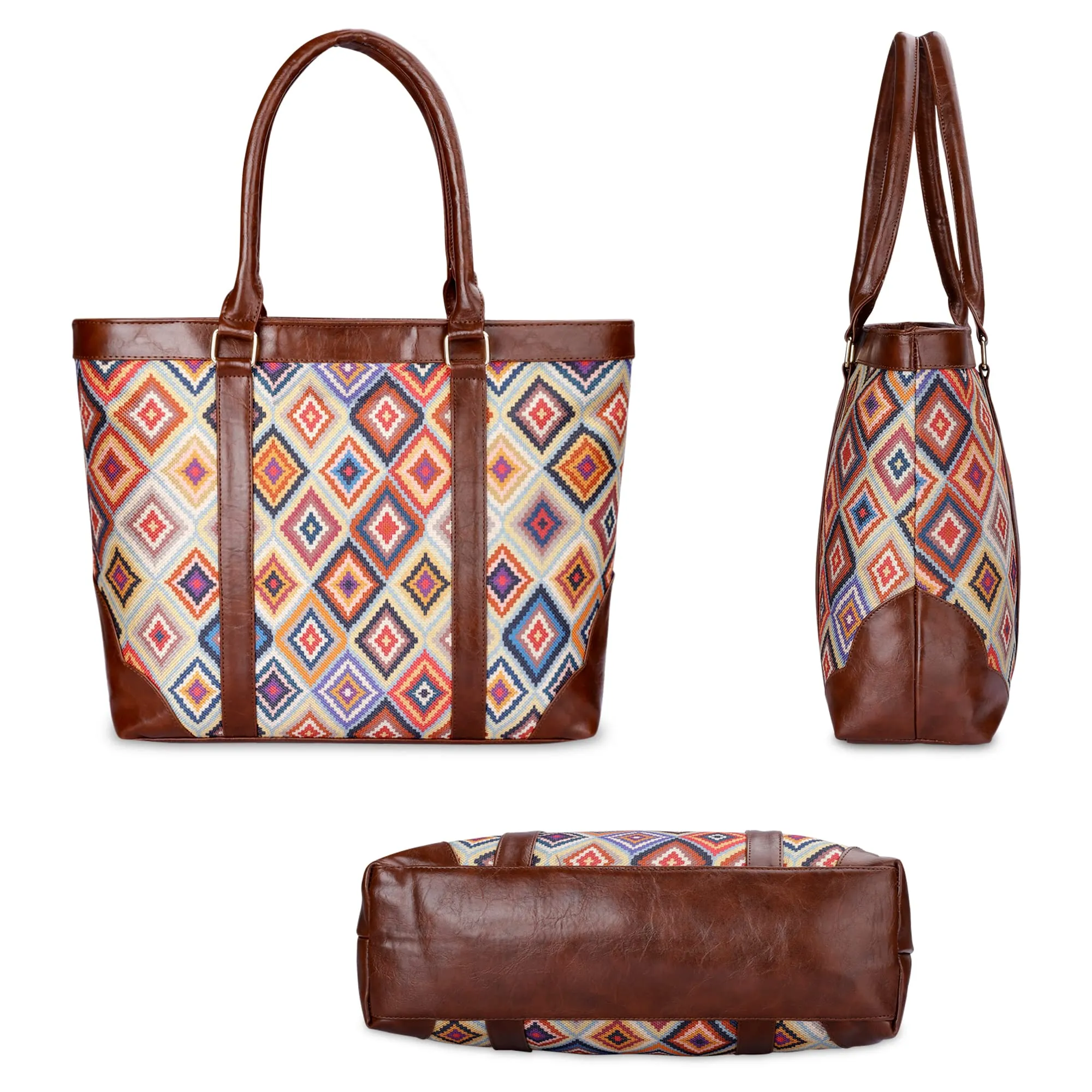 THE CLOWNFISH Miranda Series 15.6 inch Laptop Bag For Women Printed Handicraft Fabric & Faux Leather Office Bag Briefcase Hand Messenger bag Tote Shoulder Bag (Multicolour-Diamond)