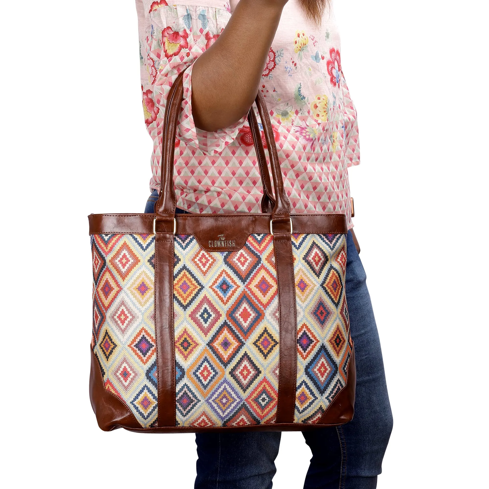 THE CLOWNFISH Miranda Series 15.6 inch Laptop Bag For Women Printed Handicraft Fabric & Faux Leather Office Bag Briefcase Hand Messenger bag Tote Shoulder Bag (Multicolour-Diamond)