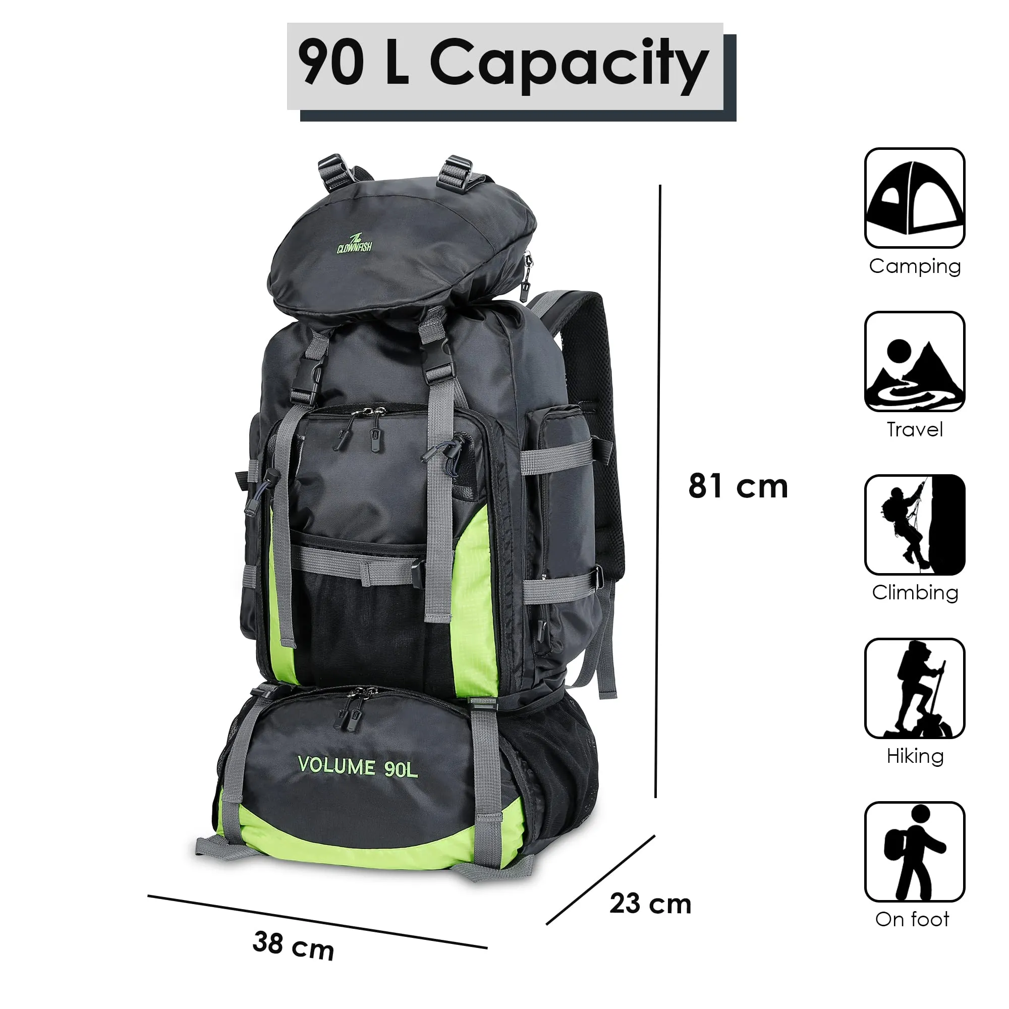 THE CLOWNFISH Summit Seeker 90 Litres Polyester Travel Backpack for Mountaineering Outdoor Sport Camp Hiking Trekking Bag Camping Rucksack Bagpack Bags (Dark Grey)