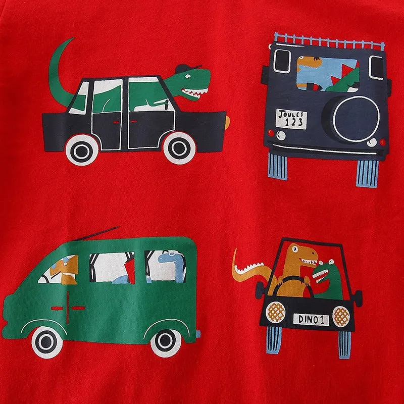 Toddler/Kid Boy's Red Cotton Tee with Vehicle Print Design
