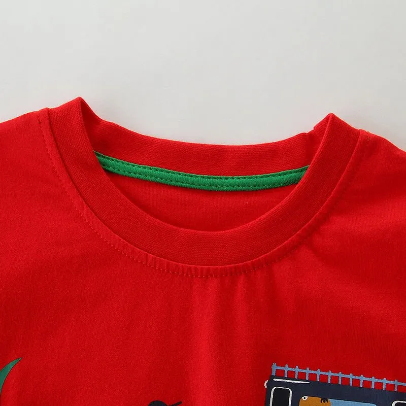 Toddler/Kid Boy's Red Cotton Tee with Vehicle Print Design