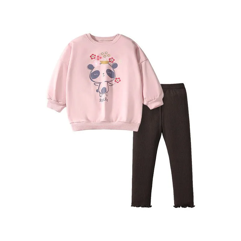 Toddler/Kid Girl's Little Panda Print Design Pink Sweatshirt with Leggings Set