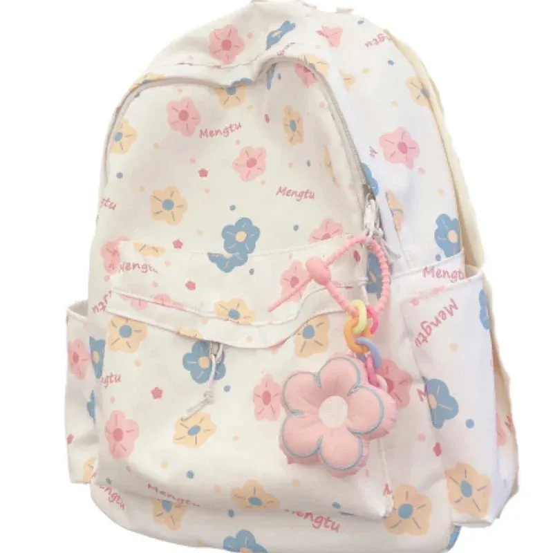 UAKISS  -  Korean Cartoon Print Floral Pendant Backpack Women Harajuku Y2k Student Preppy Schoolbags Japanese All Match Kawaii Backpacks