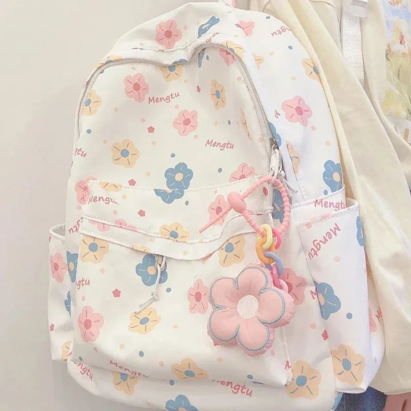 UAKISS  -  Korean Cartoon Print Floral Pendant Backpack Women Harajuku Y2k Student Preppy Schoolbags Japanese All Match Kawaii Backpacks