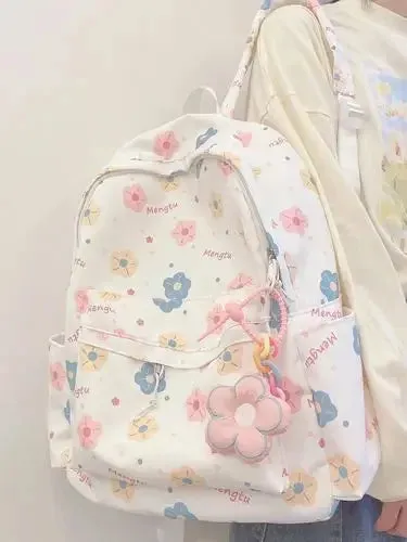UAKISS  -  Korean Cartoon Print Floral Pendant Backpack Women Harajuku Y2k Student Preppy Schoolbags Japanese All Match Kawaii Backpacks