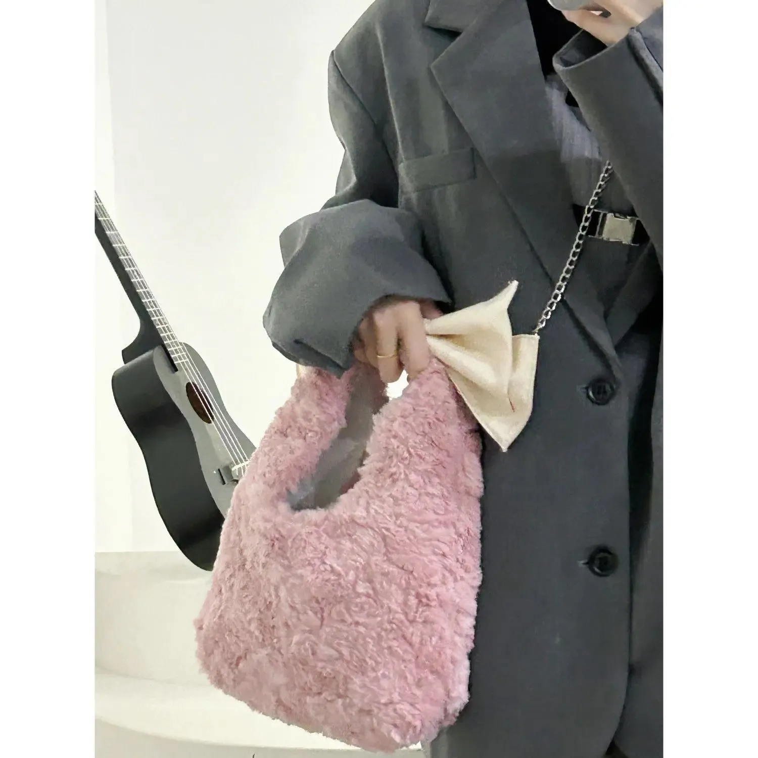 UAKISS  -  Korean Instagram Style Pink Girl Plush Bag New Autumn Winter Niche Korean Version Versatile and Simple Bow Handbag