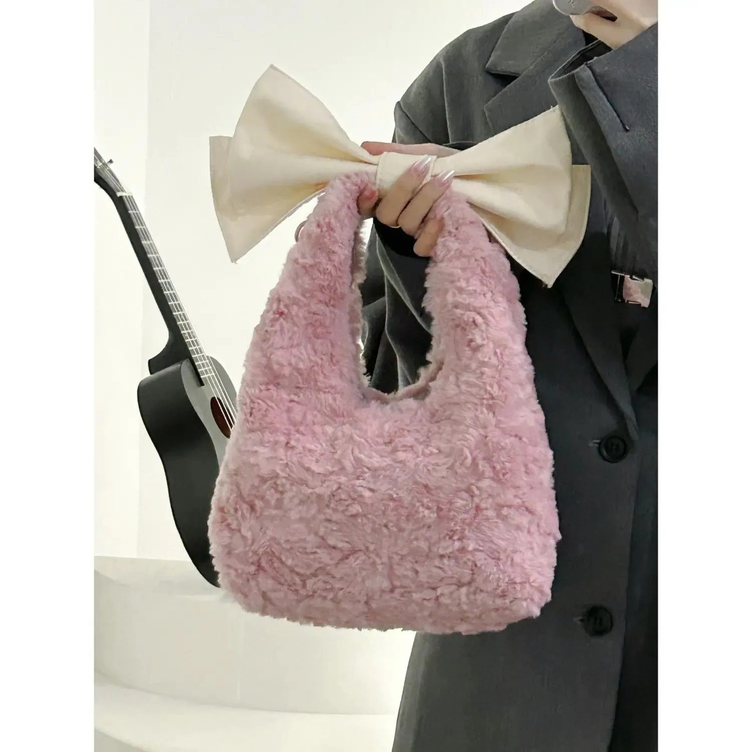 UAKISS  -  Korean Instagram Style Pink Girl Plush Bag New Autumn Winter Niche Korean Version Versatile and Simple Bow Handbag