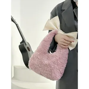 UAKISS  -  Korean Instagram Style Pink Girl Plush Bag New Autumn Winter Niche Korean Version Versatile and Simple Bow Handbag