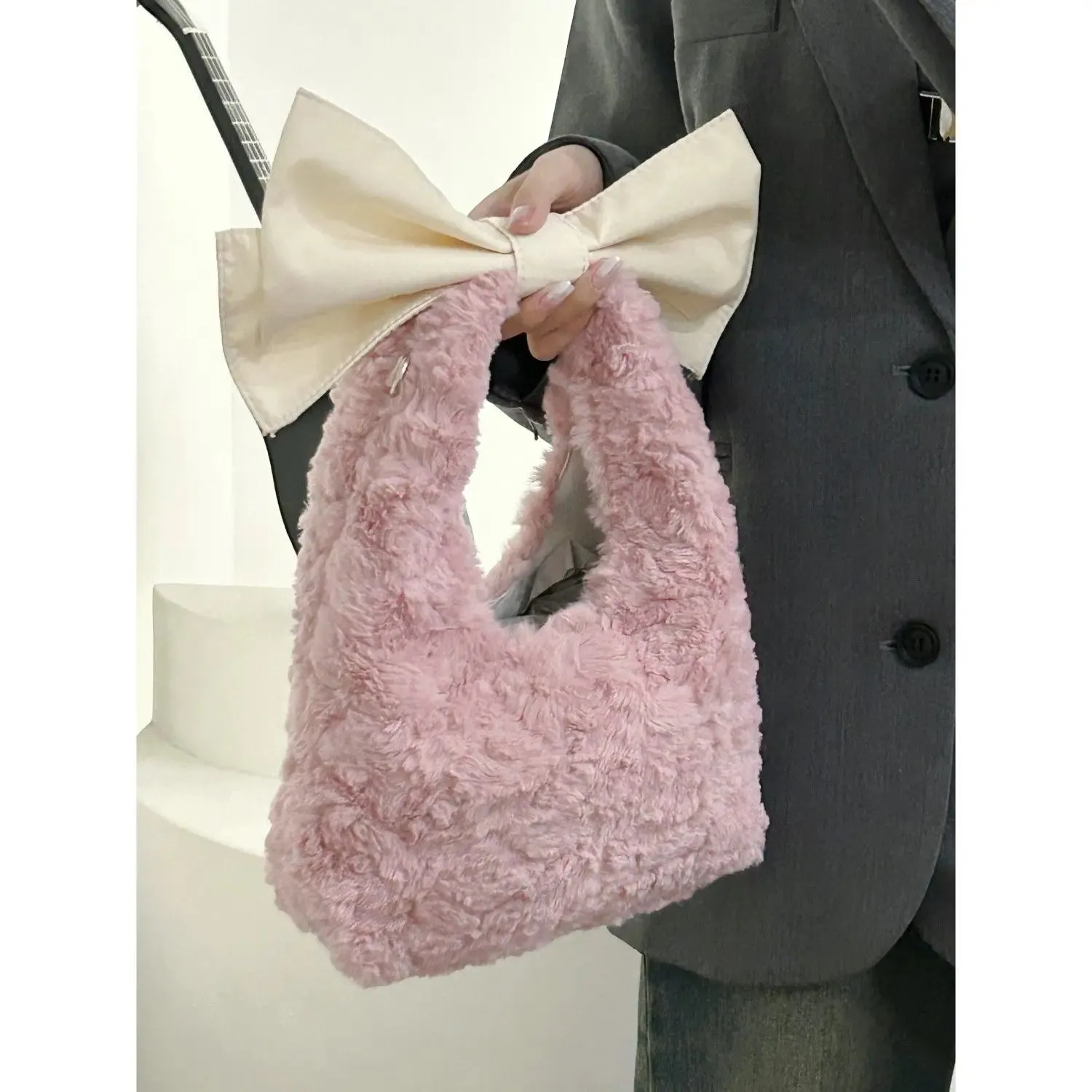 UAKISS  -  Korean Instagram Style Pink Girl Plush Bag New Autumn Winter Niche Korean Version Versatile and Simple Bow Handbag