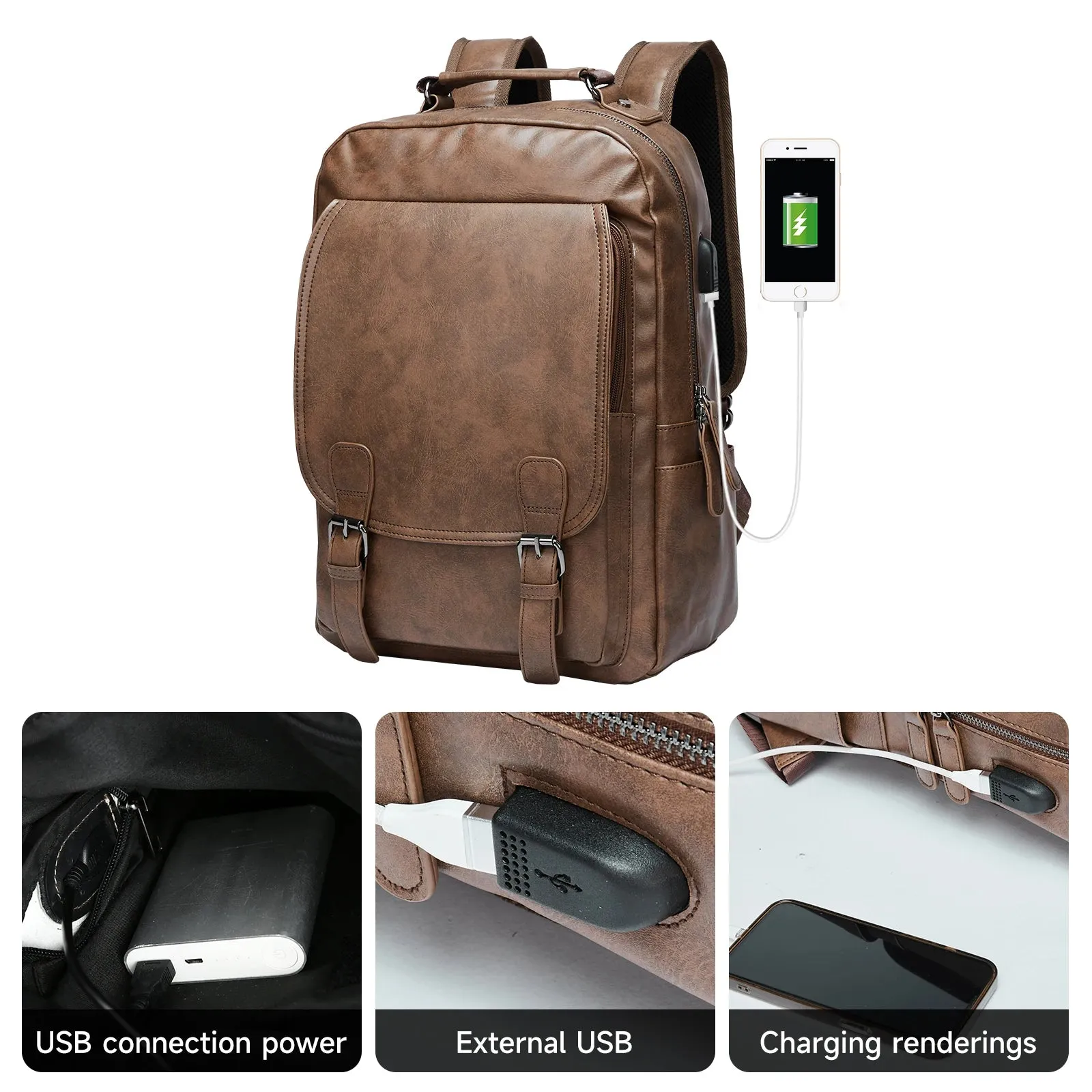 UAKISS  -   Leather Backpack with USB Charging Port,Waterproof Backpack Fit 15.6 inch Laptop, Large Capacity Suitable for Traveling