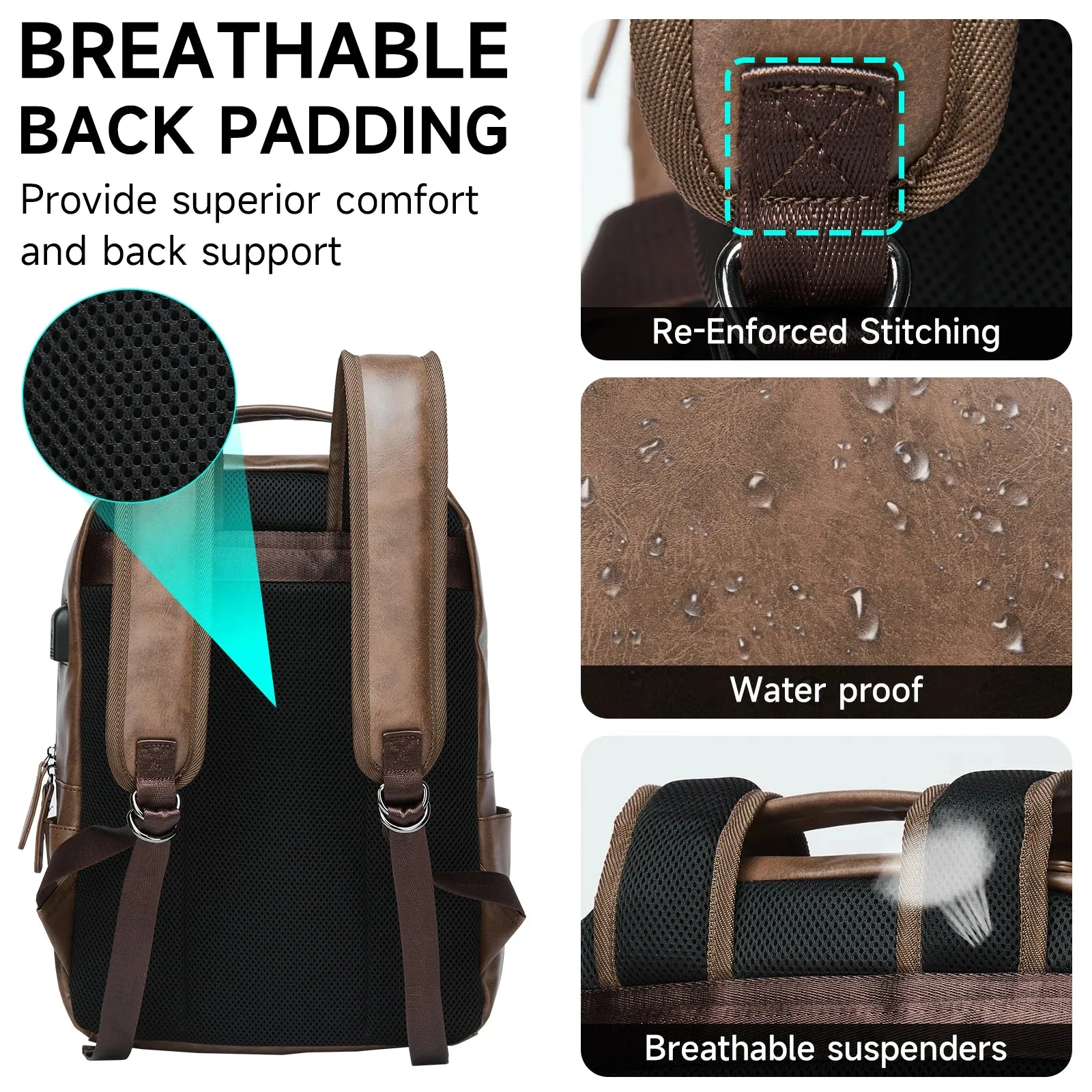 UAKISS  -   Leather Backpack with USB Charging Port,Waterproof Backpack Fit 15.6 inch Laptop, Large Capacity Suitable for Traveling